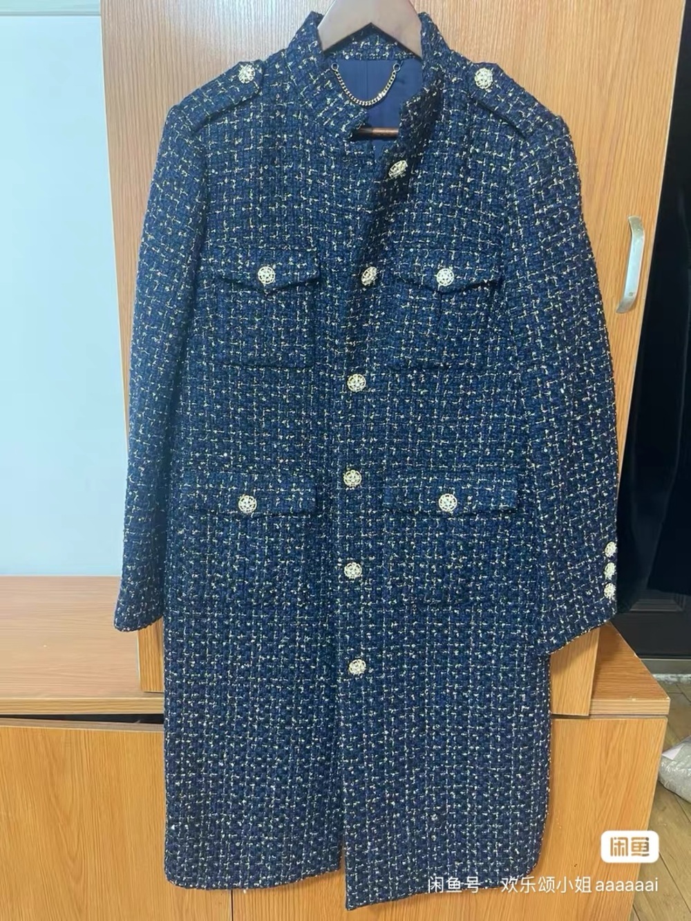 Navy Tweed Military-Style Coat with Decorative Buttons